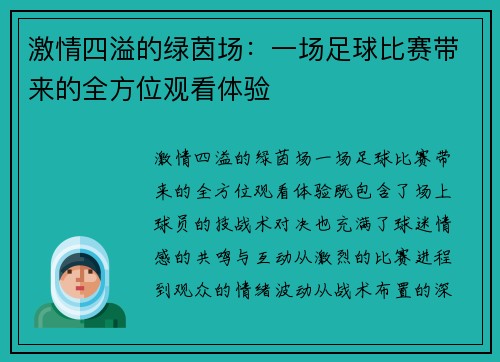 激情四溢的绿茵场：一场足球比赛带来的全方位观看体验